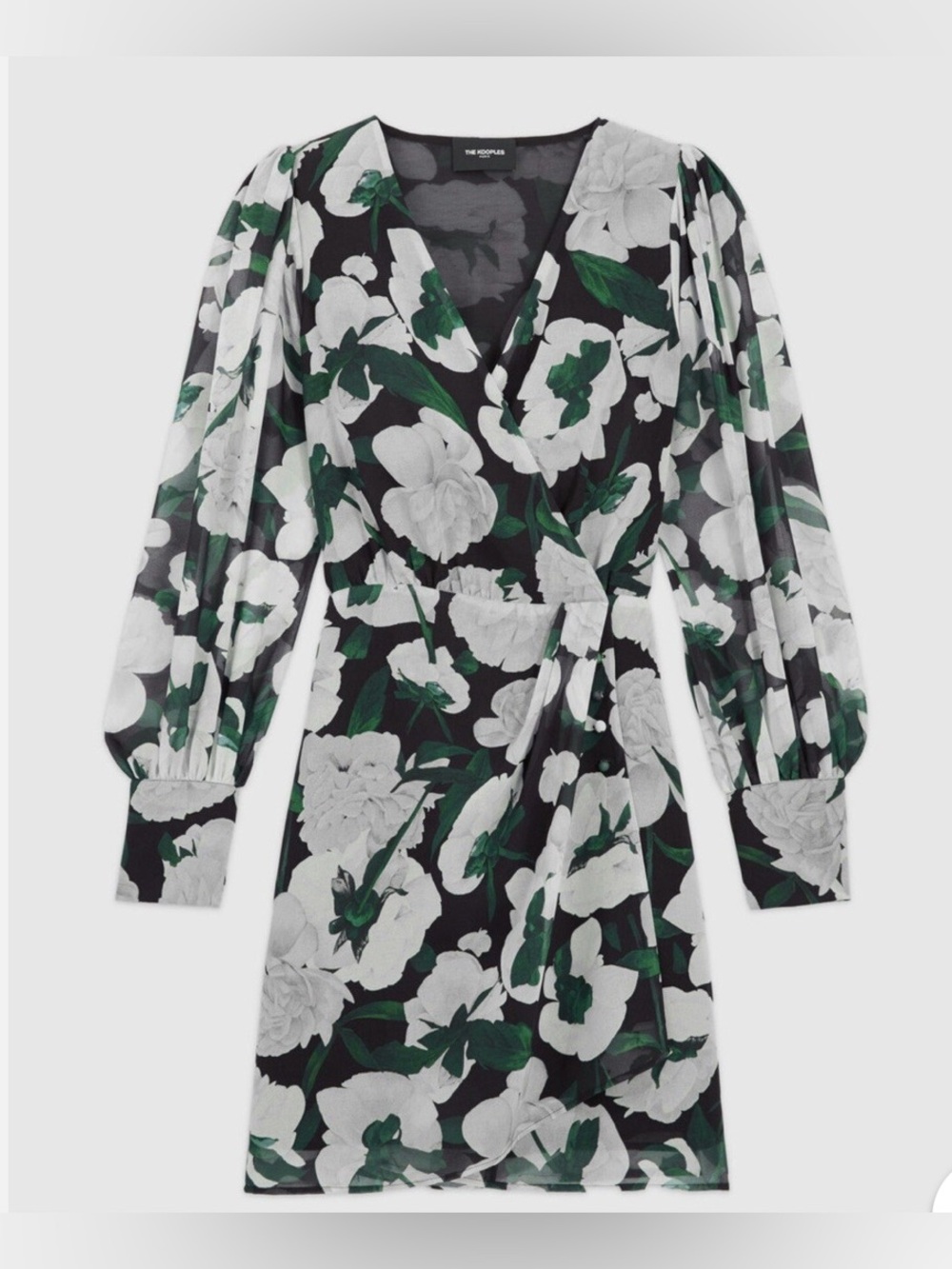 NWT The Kooples Dolce Vita Black Floral Wrap Dress with White & Green Print